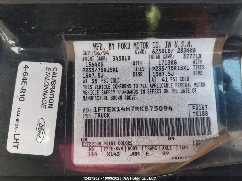 1994 Ford F150 VIN: 1FTEX14H7RKB75094 Lot: 12427262