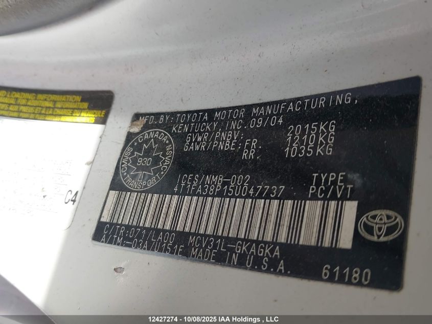 2005 Toyota Camry Solara Se/Sle VIN: 4T1FA38P15U047737 Lot: 12427274