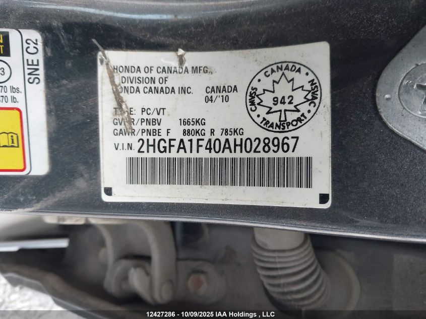 2010 Honda Civic Dx-G VIN: 2HGFA1F40AH028967 Lot: 12427286