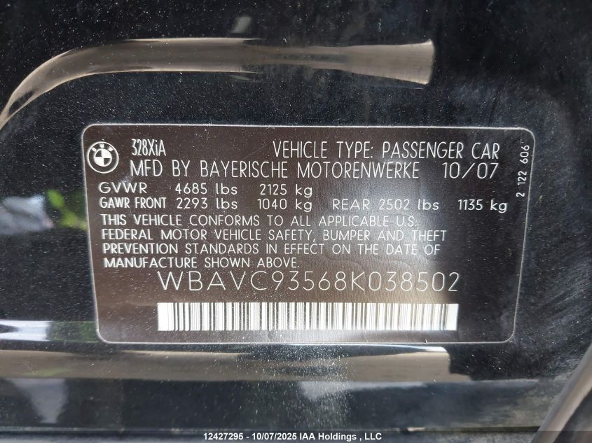 2008 BMW 328Xi VIN: WBAVC93568K038502 Lot: 12427295