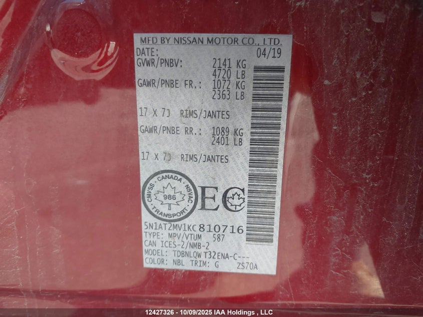 5N1AT2MV1KC810716 2019 NISSAN ROGUE photo no. 9