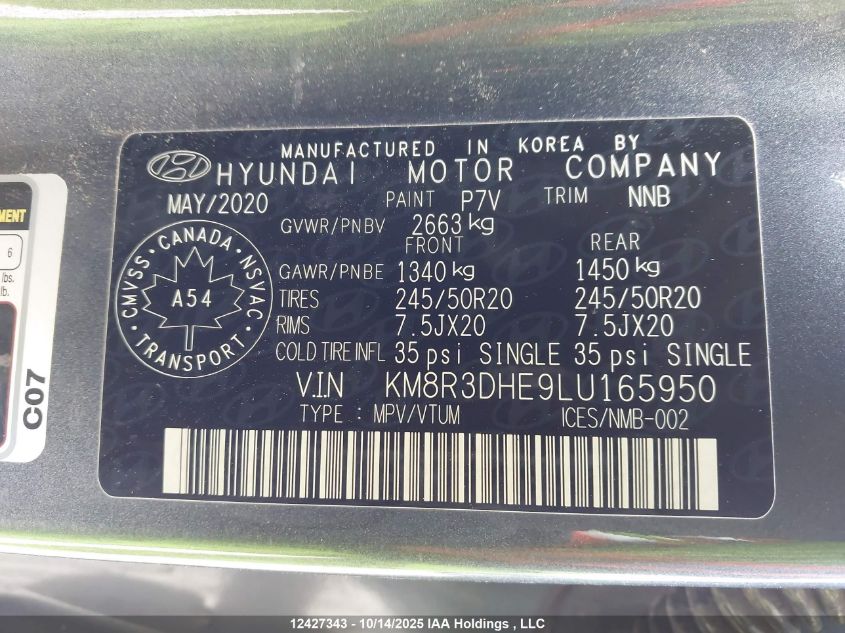 2020 Hyundai Palisade Luxury 8-Passenger Seating VIN: KM8R3DHE9LU165950 Lot: 12427343