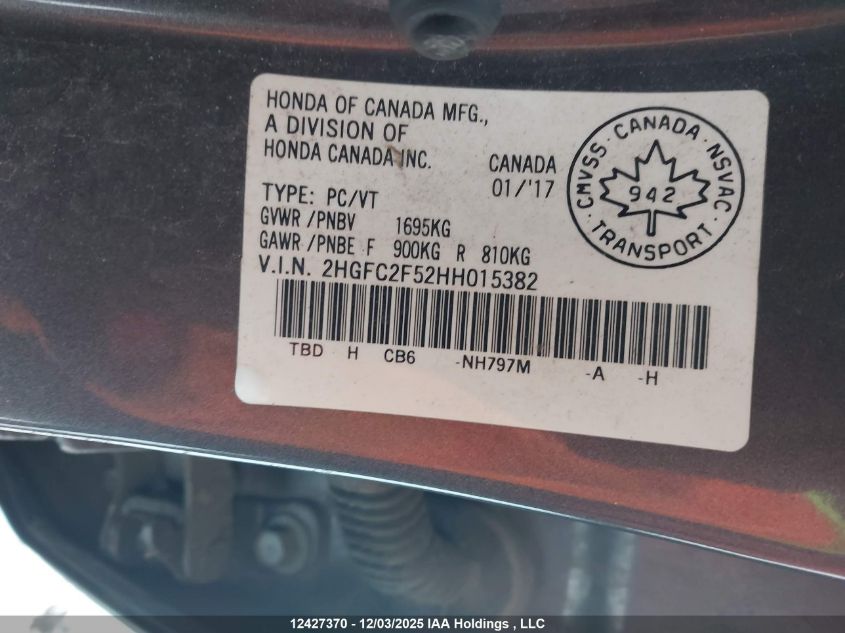 2017 Honda Civic VIN: 2HGFC2F52HH015382 Lot: 12427370