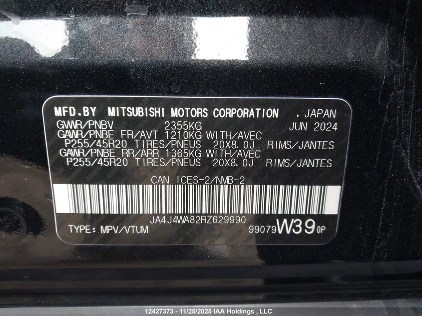 2024 Mitsubishi Outlander Gt/Gt Noir/Gt Premium VIN: JA4J4WA82RZ629990 Lot: 12427373