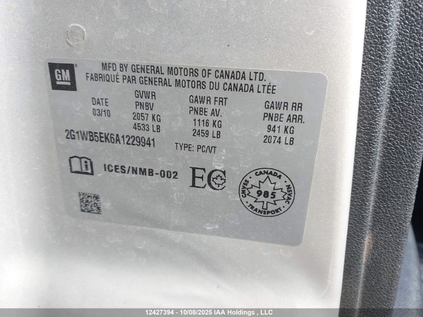 2010 Chevrolet Impala Lt VIN: 2G1WB5EK6A1229941 Lot: 12427394