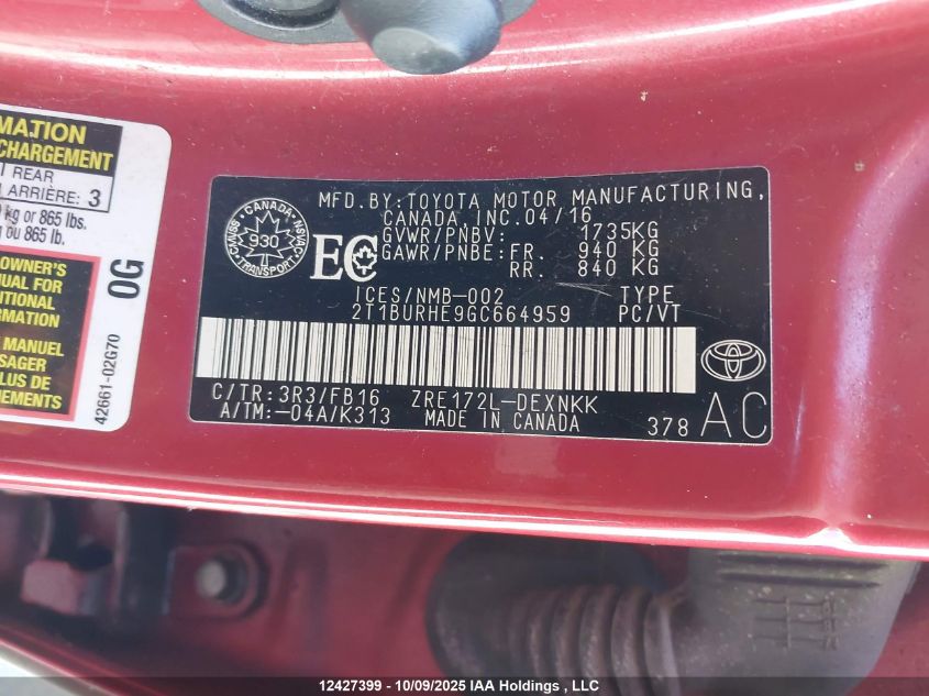 2016 Toyota Corolla Le VIN: 2T1BURHE9GC664959 Lot: 12427399