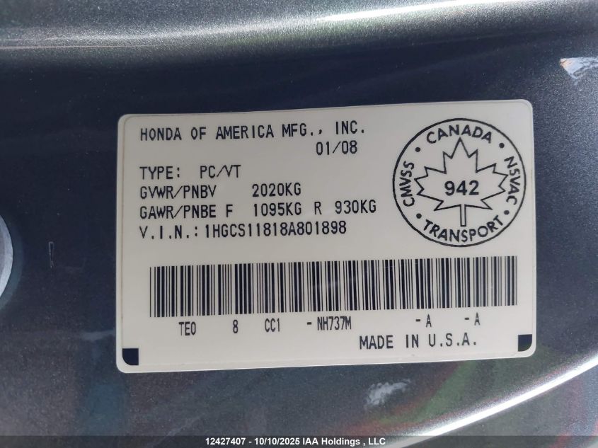 2008 Honda Accord Exl VIN: 1HGCS11818A801898 Lot: 12427407