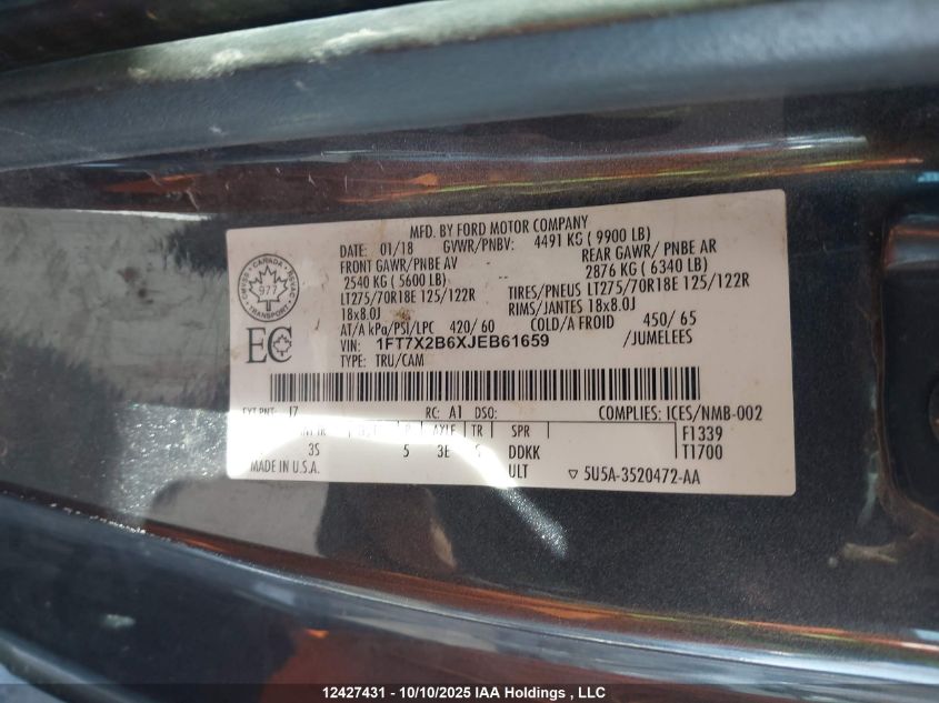 2018 Ford F-250 Xlt VIN: 1FT7X2B6XJEB61659 Lot: 12427431