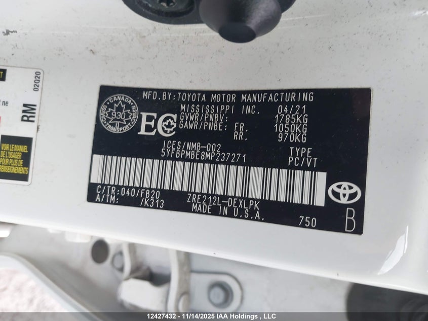 2021 Toyota Corolla Le VIN: 5YFBPMBE8MP237271 Lot: 12427432