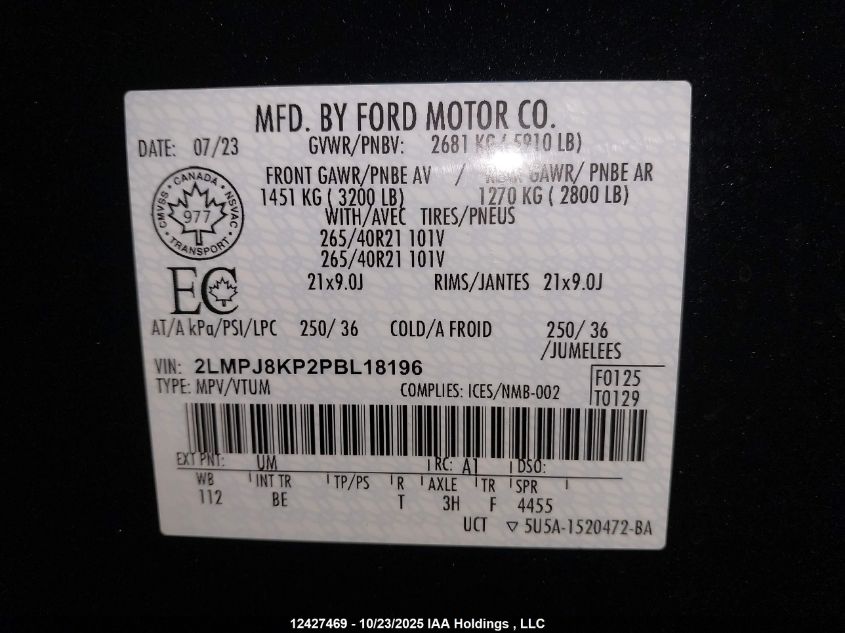 2023 Lincoln Nautilus Reserve VIN: 2LMPJ8KP2PBL18196 Lot: 12427469