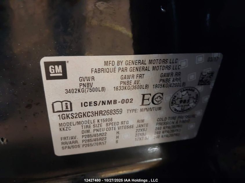 2017 GMC Yukon Xl K1500 Slt VIN: 1GKS2GKC3HR268359 Lot: 12427480