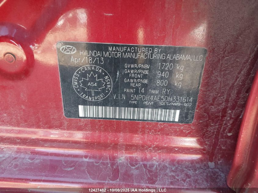 2013 Hyundai Elantra Gls/Limited VIN: 5NPDH4AE5DH331614 Lot: 12427482