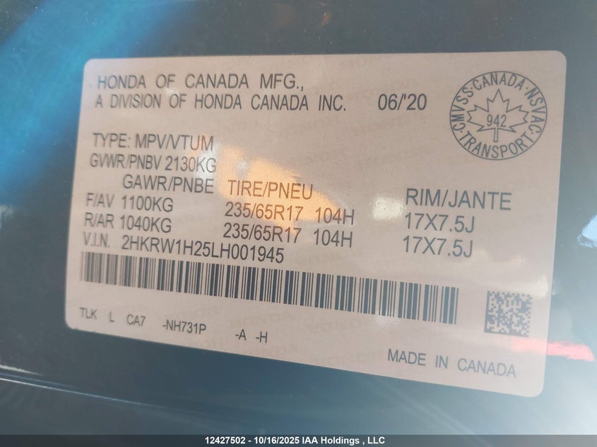 2HKRW1H25LH001945 2020 HONDA CR-V photo no. 9