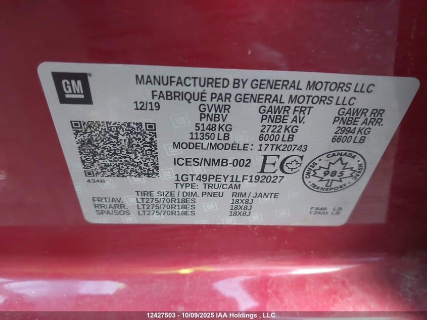 2020 GMC Sierra K2500 At4 VIN: 1GT49PEY1LF192027 Lot: 12427503