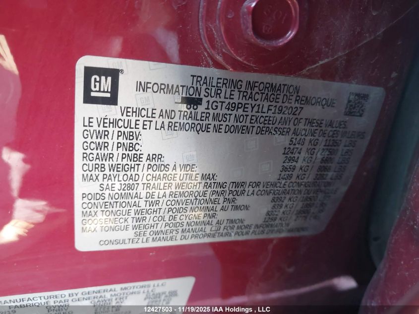 2020 GMC Sierra K2500 At4 VIN: 1GT49PEY1LF192027 Lot: 12427503