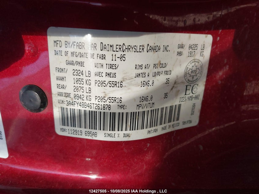 2006 Chrysler Pt Cruiser VIN: 3A4FY48B46T261878 Lot: 12427505