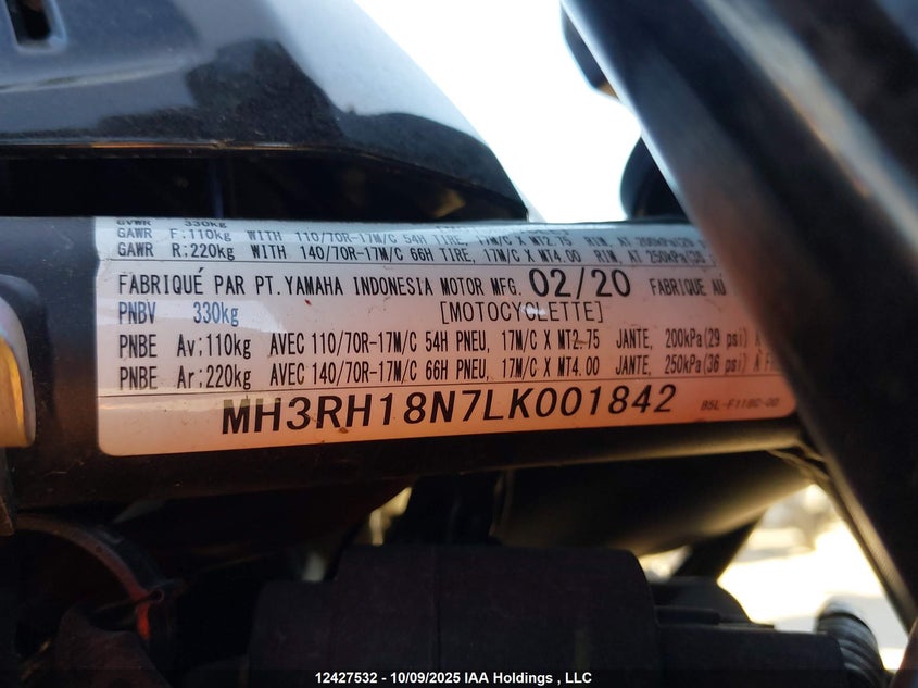 2020 Yamaha Yzfr3 A VIN: MH3RH18N7LK001842 Lot: 12427532