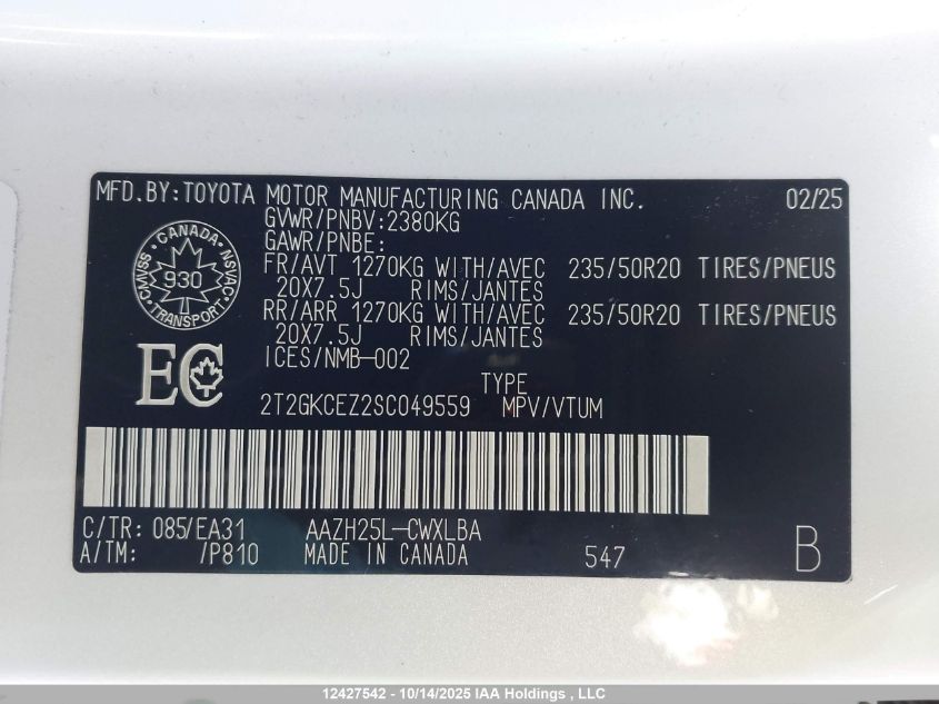 2025 Lexus Nx 350H 350H VIN: 2T2GKCEZ2SC049559 Lot: 12427542