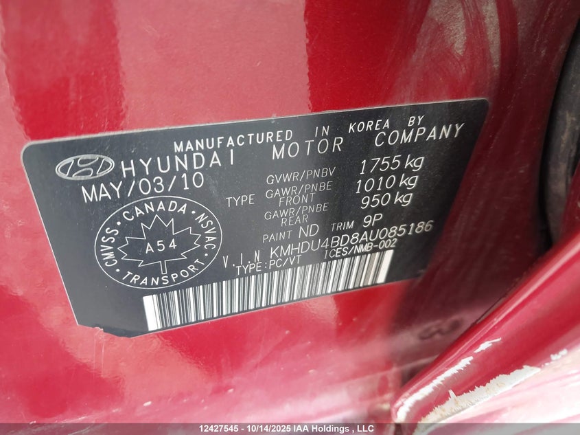 KMHDU4BD8AU085186 2010 HYUNDAI ELANTRA photo no. 9