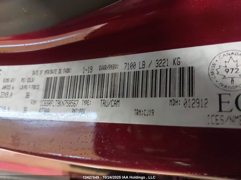1C6SRFLT9KN758567 2019 RAM 1500 photo no. 9
