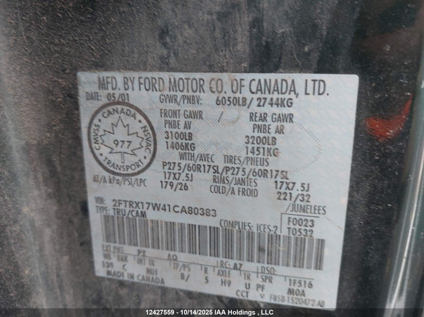 2001 Ford F-150 Lariat/Xl/Xlt VIN: 2FTRX17W41CA80383 Lot: 12427559