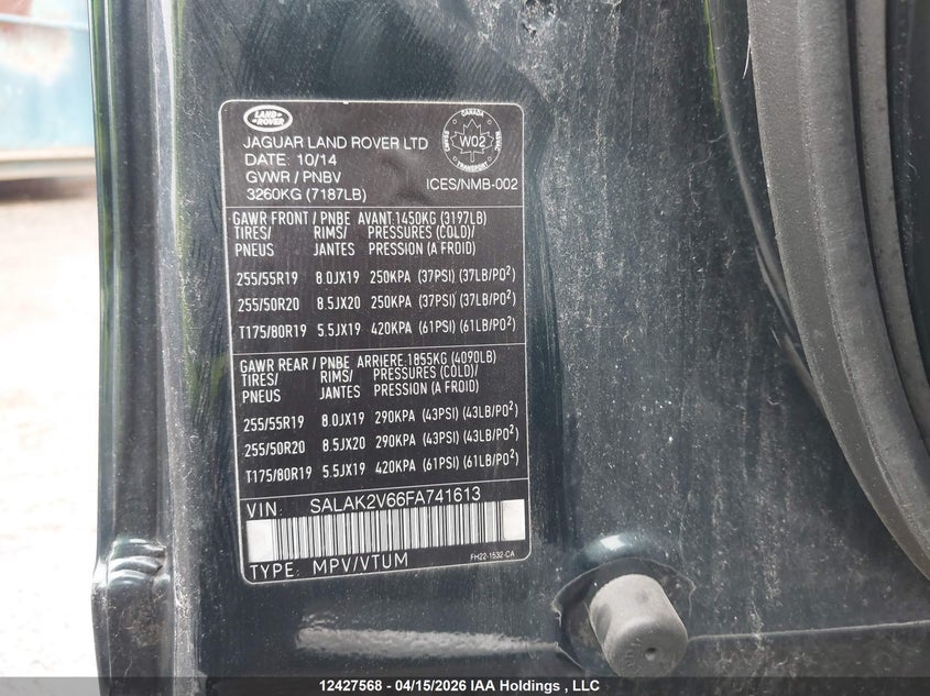 2015 Land Rover Lr4 VIN: SALAK2V66FA741613 Lot: 12427568