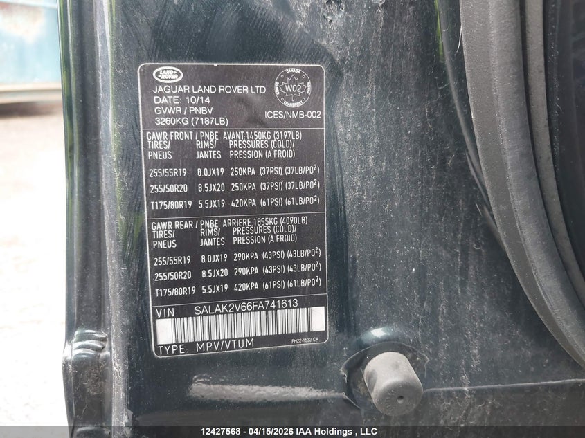 2015 Land Rover Lr4 VIN: SALAK2V66FA741613 Lot: 12427568