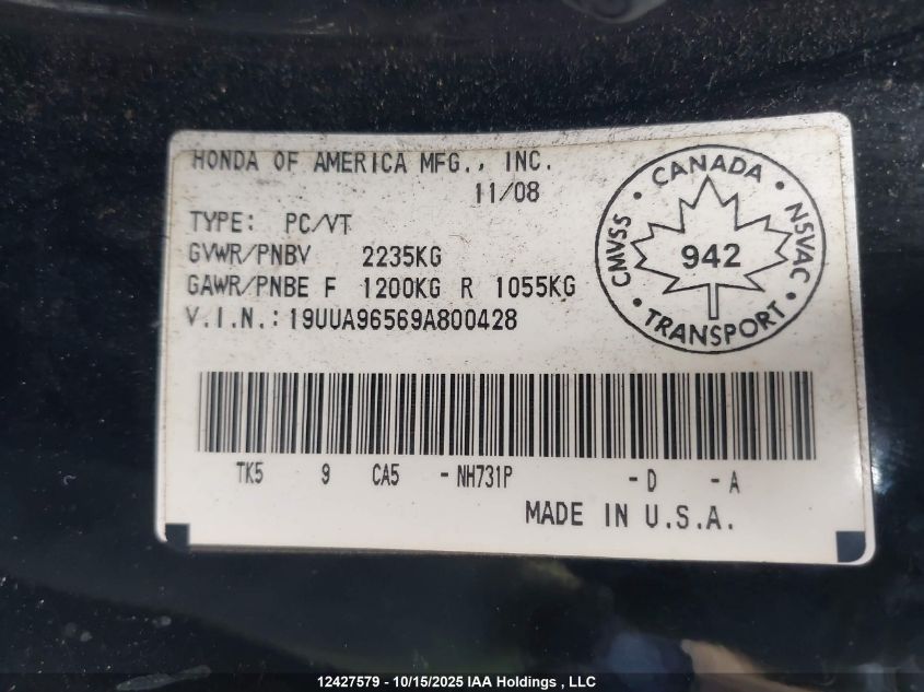 2009 Acura Tl VIN: 19UUA96569A800428 Lot: 12427579