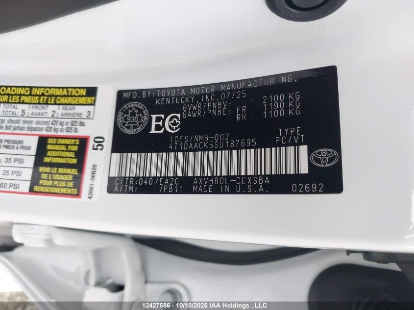 2025 Toyota Camry Xse/Xle/Le/Se VIN: 4T1DAACK5SU187695 Lot: 12427586