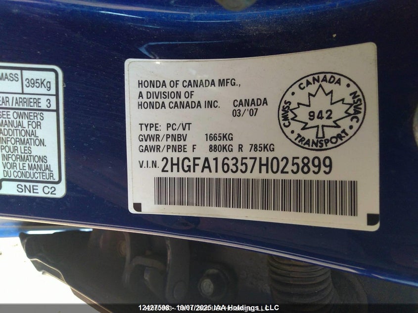 2007 Honda Civic Sdn VIN: 2HGFA16357H025899 Lot: 12427598