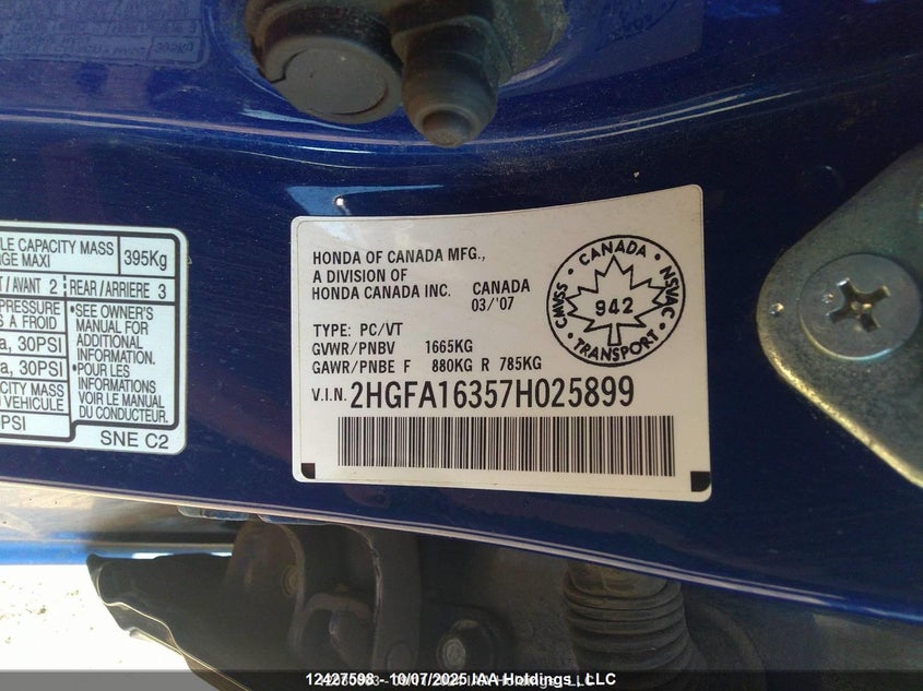 2007 Honda Civic Sdn VIN: 2HGFA16357H025899 Lot: 12427598