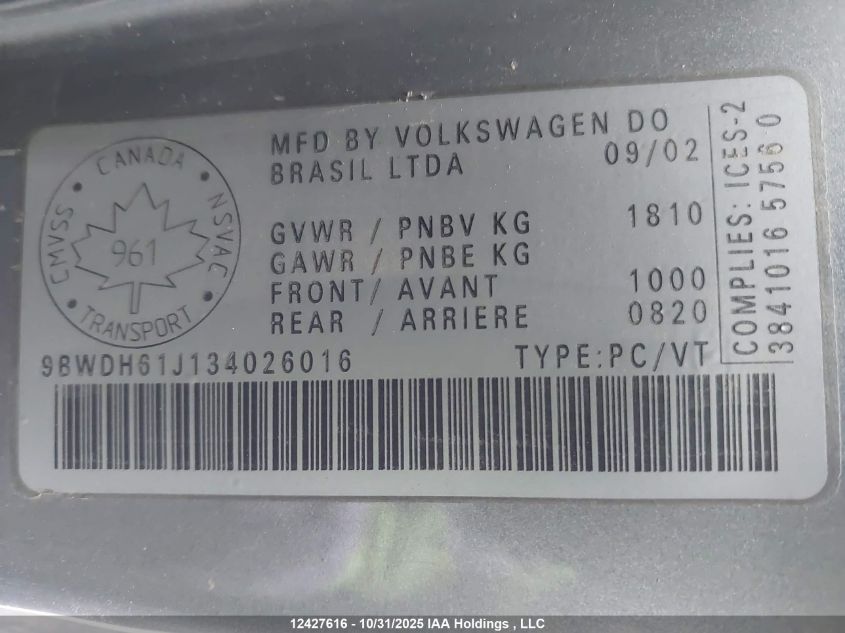 2003 Volkswagen Gti Vr6 VIN: 9BWDH61J134026016 Lot: 12427616