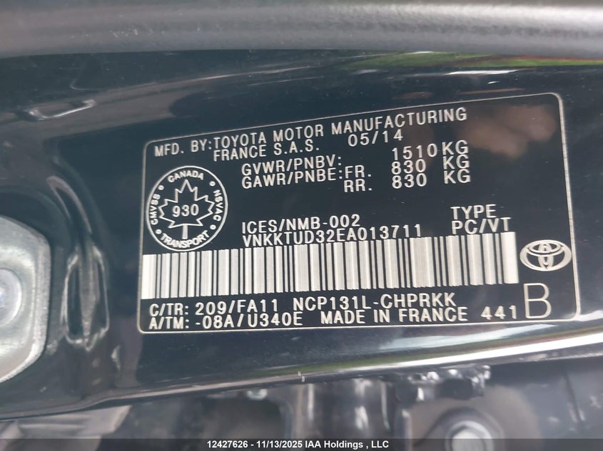 2014 Toyota Yaris Le VIN: VNKKTUD32EA013711 Lot: 12427626