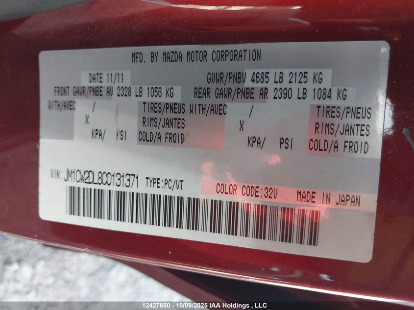 2012 Mazda 5 Mazda Gt VIN: JM1CW2DL8C0131371 Lot: 12427650