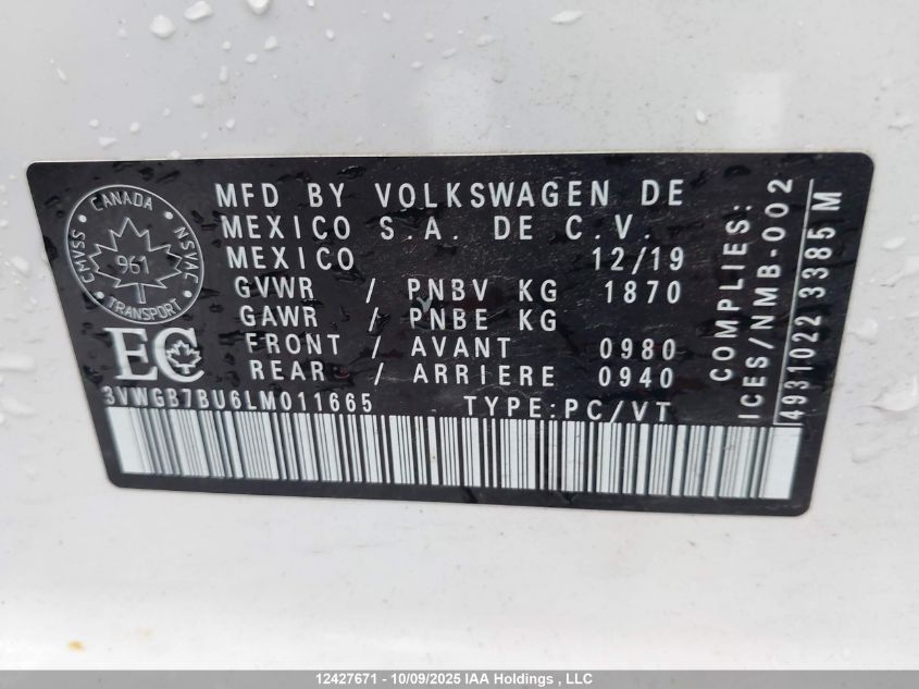 2020 Volkswagen Jetta Sel Premium VIN: 3VWGB7BU6LM011665 Lot: 12427671