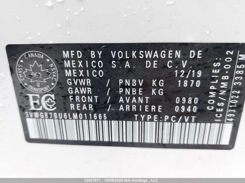 2020 Volkswagen Jetta Sel Premium VIN: 3VWGB7BU6LM011665 Lot: 12427671
