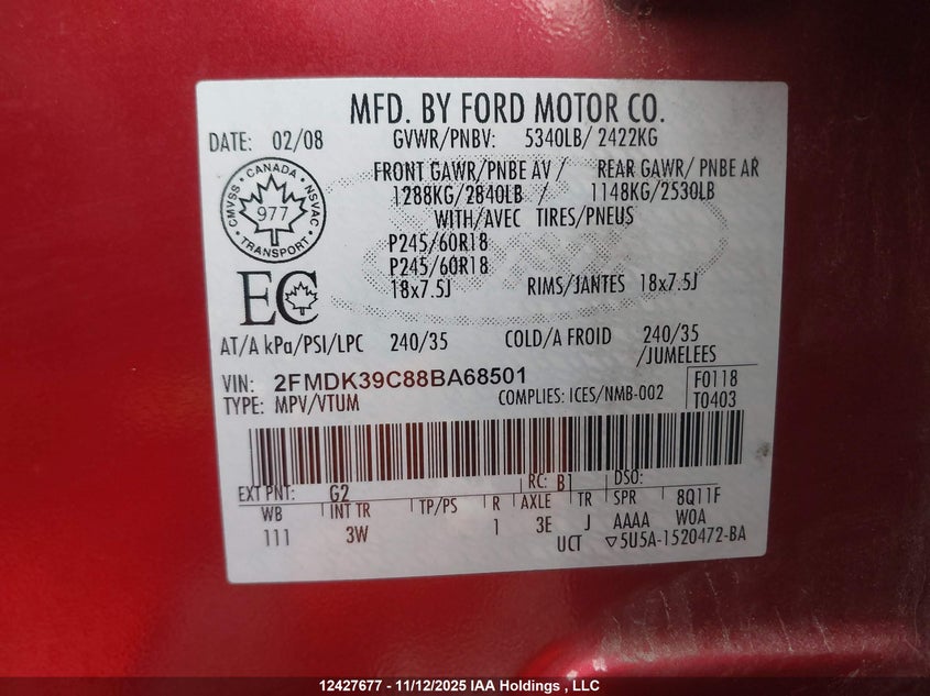 2008 Ford Edge Limited VIN: 2FMDK39C88BA68501 Lot: 12427677
