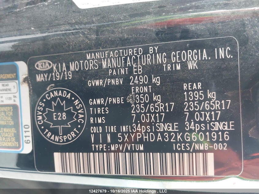 2019 Kia Sorento 2.4L Ex VIN: 5XYPHDA32KG601916 Lot: 12427679