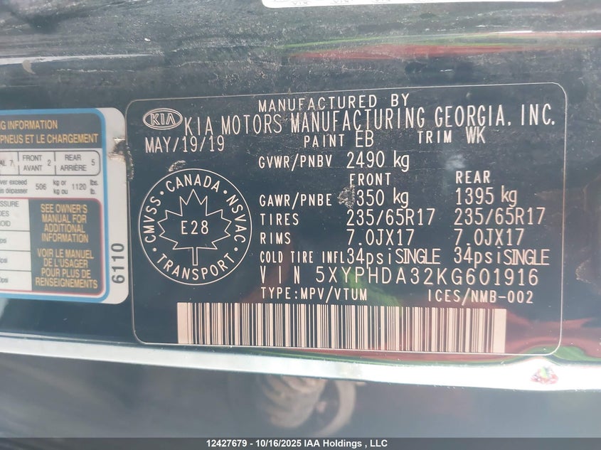 2019 Kia Sorento 2.4L Ex VIN: 5XYPHDA32KG601916 Lot: 12427679