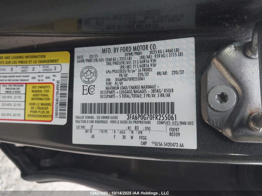 2015 Ford Fusion S VIN: 3FA6P0G70FR255061 Lot: 12427680