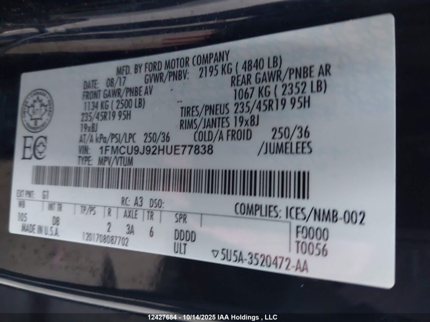 2017 Ford Escape Titanium VIN: 1FMCU9J92HUE77838 Lot: 12427684