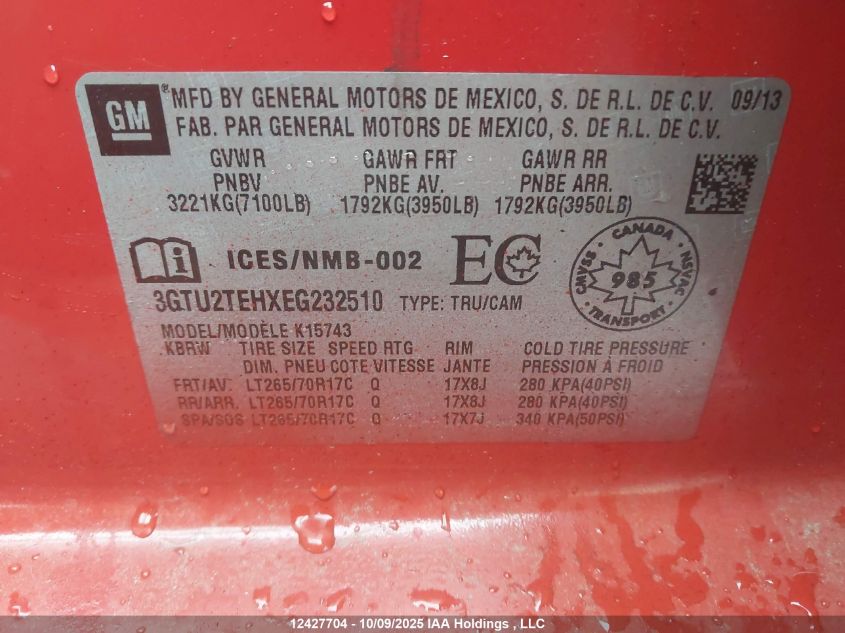 2014 GMC Sierra K1500 VIN: 3GTU2TEHXEG232510 Lot: 12427704
