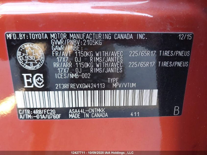 2016 Toyota Rav4 Xle VIN: 2T3RFREVXGW424113 Lot: 12427711