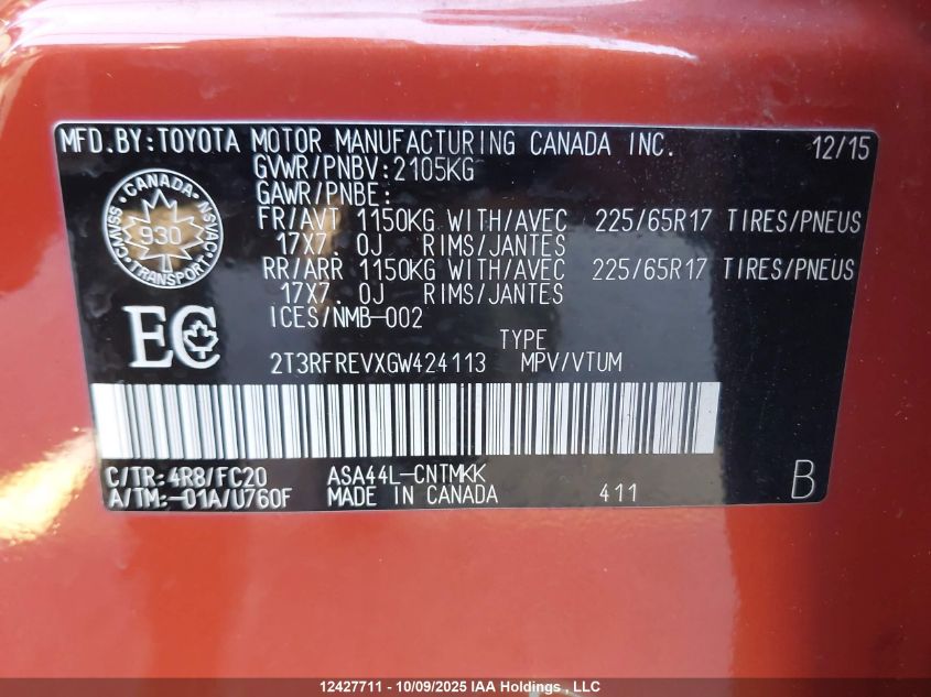 2016 Toyota Rav4 Xle VIN: 2T3RFREVXGW424113 Lot: 12427711