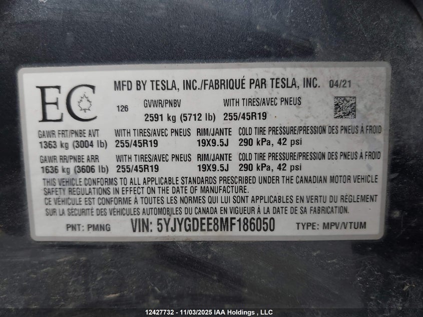2021 Tesla Model Y VIN: 5YJYGDEE8MF186050 Lot: 12427732