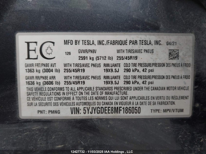 2021 Tesla Model Y VIN: 5YJYGDEE8MF186050 Lot: 12427732