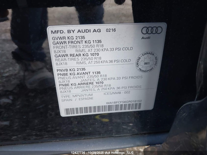 2016 Audi Q3 Premium Plus VIN: WA1BFCFS6GR018150 Lot: 12427736