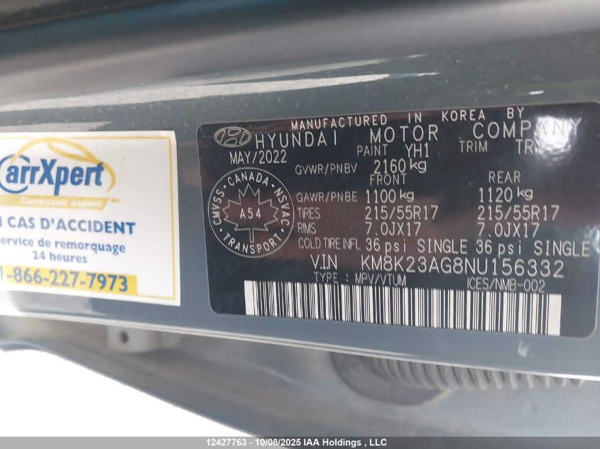 2022 Hyundai Kona Sel VIN: KM8K23AG8NU156332 Lot: 12427763