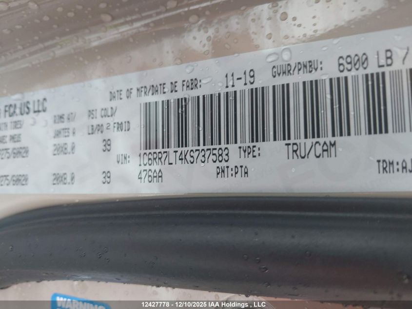 2019 Dodge Ram 1500 VIN: 1C6RR7LT4KS737583 Lot: 12427778
