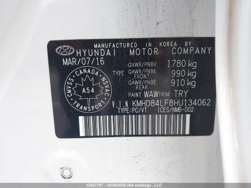 2017 Hyundai Elantra Se/Value/Limited VIN: KMHD84LF8HU134062 Lot: 12427787